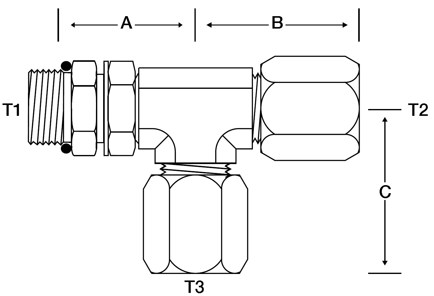 TEE -6 M-ORB X 3/8" FLARELESS